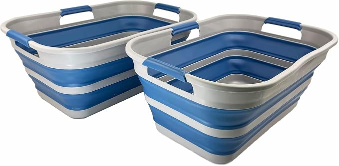 SAMMART 21L (5.5 Galloons) Collapsible Plastic Storge Basket - Foldable Pop Up Storage Container/Organizer - Portable Washing Tub - Space Saving Hamper/Basket (Grey/Mist Blue (Set of 2)) by SAMMART
