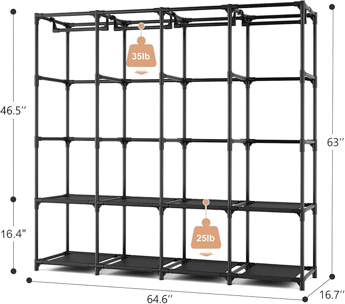 Portable Closet for Hanging Clothes, 67 Inch Wide Portable Wardrobe Closet with Cover, 4 Hanging Rod, Storage Shelves and Side Pockets, Large Free Standing Closet for Bedroom, Black - Image 3