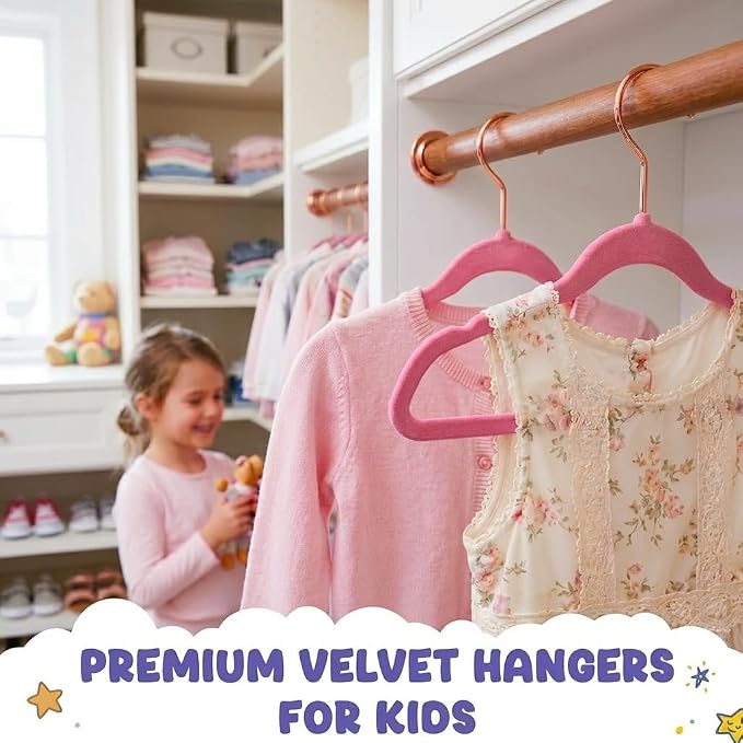 HOUSE DAY Velvet Kids Hangers 60 Pack, Premium Childrens Hangers for Closet | Blush Pink Ultra Thin Cute Clothes Hanger, Non Slip Small Felt Hanger 14 Inch for Kids Clothes +360° Swivel Rose Gold Hook - Image 3