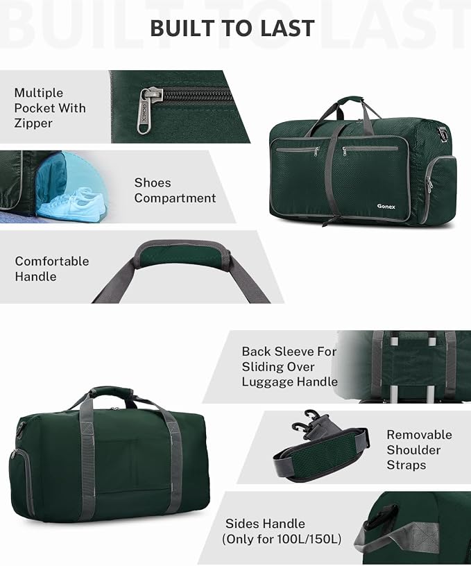 Gonex 100L Foldable Travel Duffle Bag with Shoe Compartment, Lightweight | 210D Nylon, Water-Repellent, Folds Compact, Multiple Pockets, Luggage Sleeve,Family Travel & Camping, Blackish Green - Image 6