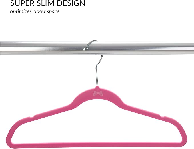 Simplify 25 Pack Kids Velvet Hangers | Slim | Non-Slip Design | Space Saving | Childrens Clothes | Shirts | Pants | Dresses | Baby Nursery | Closet Storage & Organization | Pink - Image 3