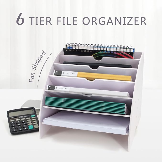 SONGWAY Fan Shaped Desk File Organizer - 6 Compartments File Holder for Desktop, Magazine Rack, Mail Holder, File Sorter, Paper Organizer for Home Office Classroom, White - Image 2