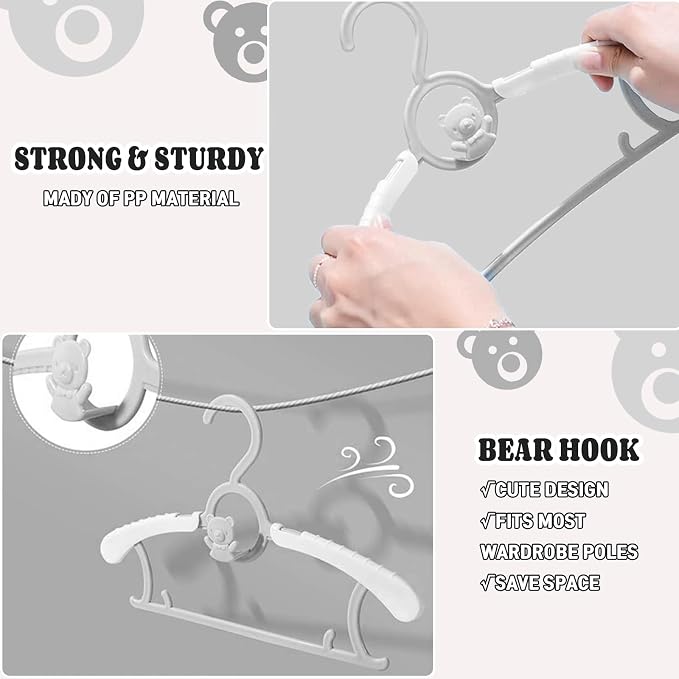 Baby Clothes Hangers 50 Pack, Plastic Kids Hangers Space Saving for Closet | Grey Hanger for Toddler Girl and Boy - Lightweight Anti-Slip Cascading Padded Extendable Adjustable Pant Bear Children Hangar - Image 6