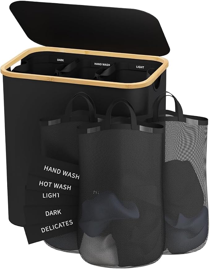 160L Laundry Hamper with Lid, 3 Section Laundry Basket with 3 Removable Bag | Clothes Hampers for Laundry with Bamboo Frame Handle, Large Dirty Clothes Hamper for Laundry Room, Bathroom, Bedroom, Black by Bathola
