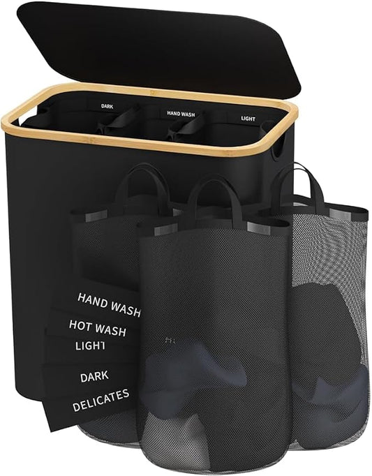 160L Laundry Hamper with Lid, 3 Section Laundry Basket with 3 Removable Bag | Clothes Hampers for Laundry with Bamboo Frame Handle, Large Dirty Clothes Hamper for Laundry Room, Bathroom, Bedroom, Black by Bathola