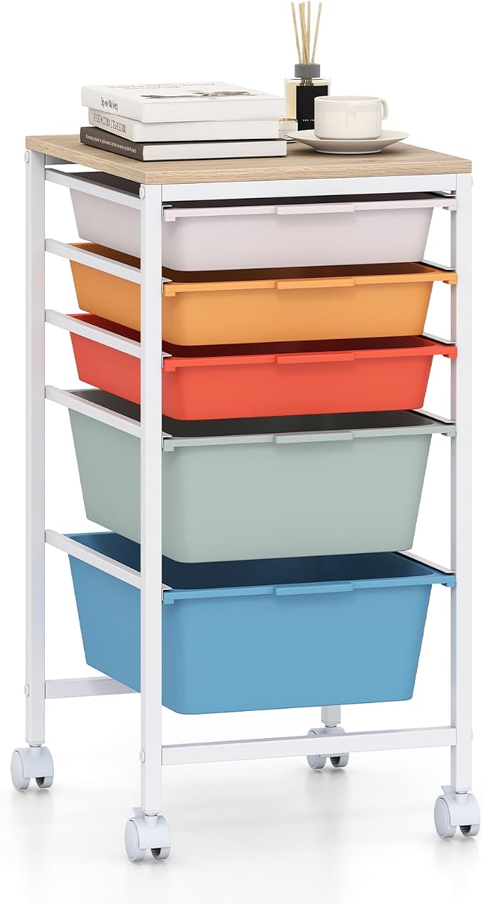 Rolling Storage Cart with 5 Drawers, Plastic Craft Organizer on Wheels with Wooden Top, Mobile Art Supply Utility Cart for Classroom, Home, Office by SILKYDRY