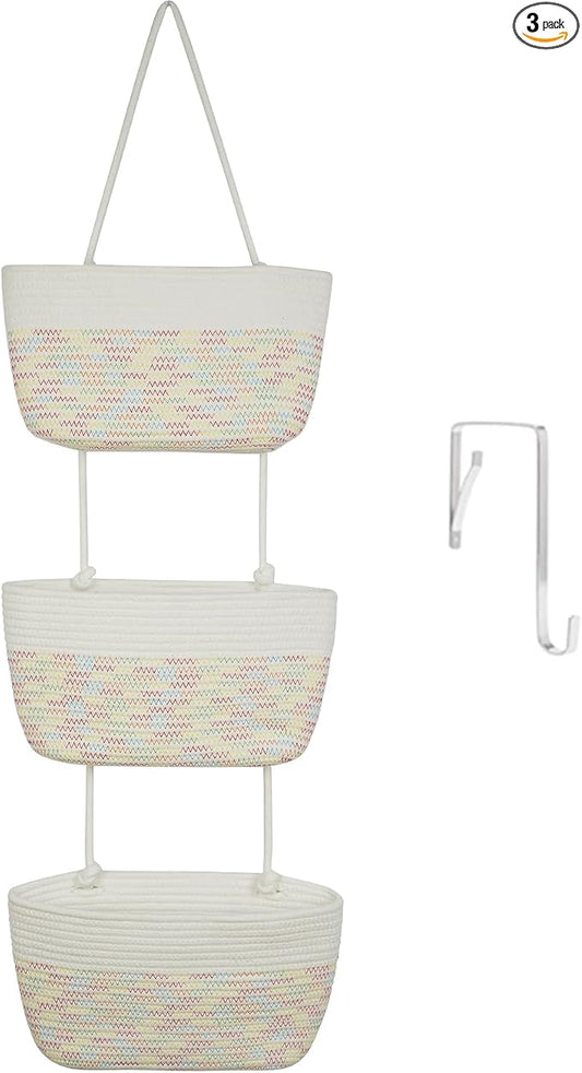 TeoKJ Over the Door Hanging Basket, 3-Tier Woven Cotton Wall-Mounted Storage Organizer Bag Decorative Hanging Nursery Baskets, White & Rainbow Stitching by TeoKJ