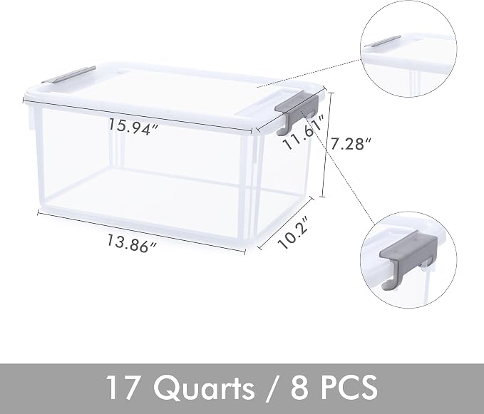 Citylife 17 QT Plastic Storage Bins with Latching Lids Stackable Storage Containers for Organizing Large Clear Storage Box for Garage, Closet, Kitchen, 8 Packs - Image 6