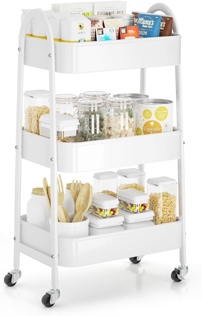 3 Tier Rolling Cart Under Desk, Large Metal Storage Cart with Handle and Lockable Wheels, Big Multifunctional Storage Organizer Trolley for Kitchen, Living Room, Office, Garage (White) by EAGMAK