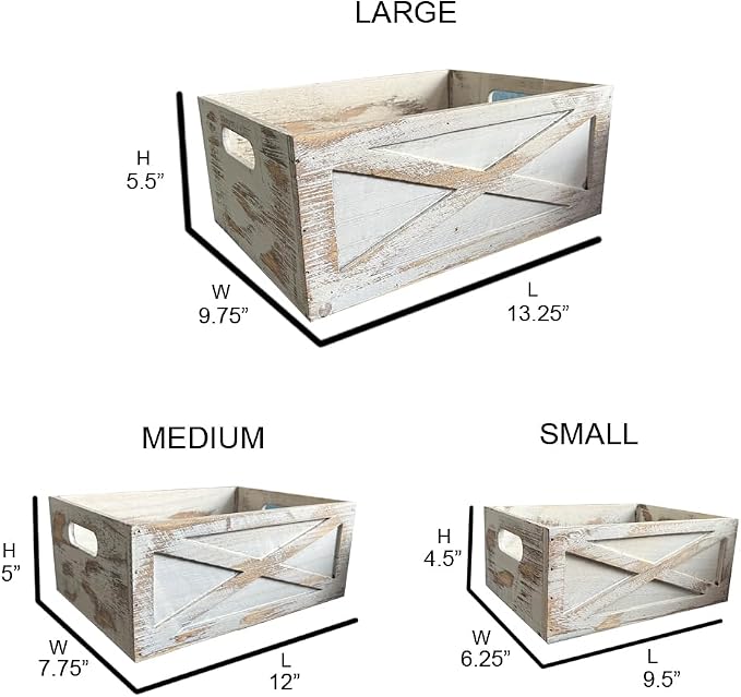 Admired By Nature Wooden Crates Storage Container, 3pc Farmhouse Style Decorative Baskets for Home Decor, Rustic Decor, Nesting Stackable Organizers, Distressed Wood Crates, Achromatic Barn Door White - Image 2