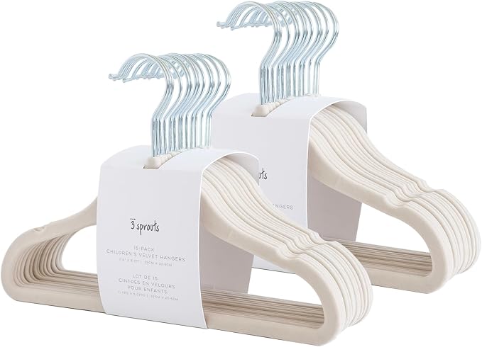 3 Sprouts Velvet Baby Hangers, Non Slip Slim, Beige, 30 Pack | Non-slip velvet, Notched shoulders, 360-degree swivel hook, 11.75 x 8 in, Infant and toddler clothes, Soft colors for nursery by 3Sprouts
