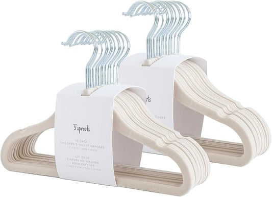 3 Sprouts Velvet Baby Hangers, Non Slip Slim, Beige, 30 Pack | Non-slip velvet, Notched shoulders, 360-degree swivel hook, 11.75 x 8 in, Infant and toddler clothes, Soft colors for nursery by 3Sprouts