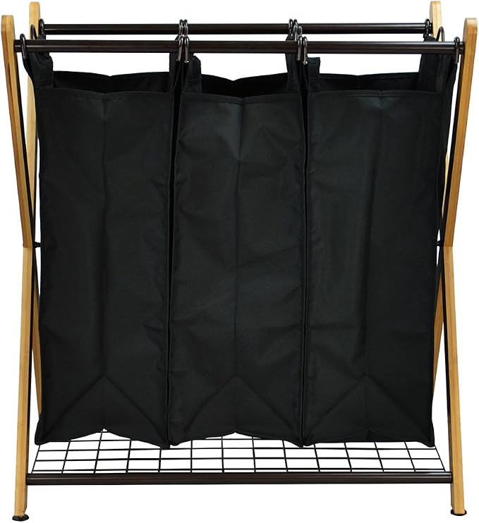 Oceanstar XBS1484 Bamboo 3-Bag Laundry Sorter Black, 29.75 in. H x 19.10 in. W x 27 in. - Image 2