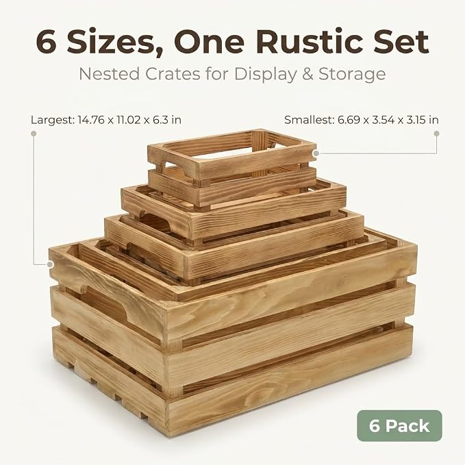 Wooden Crates for Display 6 Pack, Rustic Nesting Wood Crates | 6 sizes of pine wood crates with handles for farmhouse decor, storage, weddings, markets, and DIY crafts - Image 2