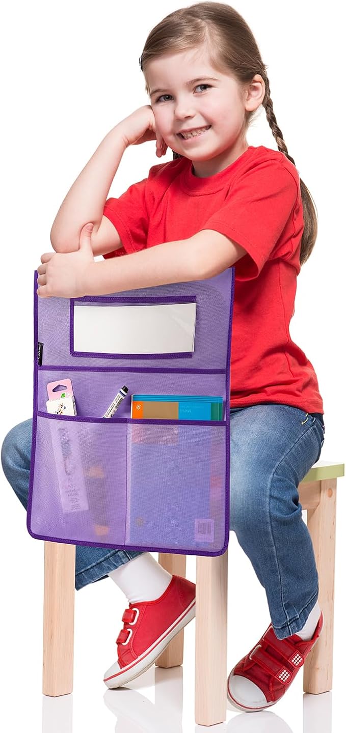 Chairback Buddy Pocket Chart Back of Chair Organizer for Classroom with Name Tag Pocket (PURPLE-6 PACK) - Image 2