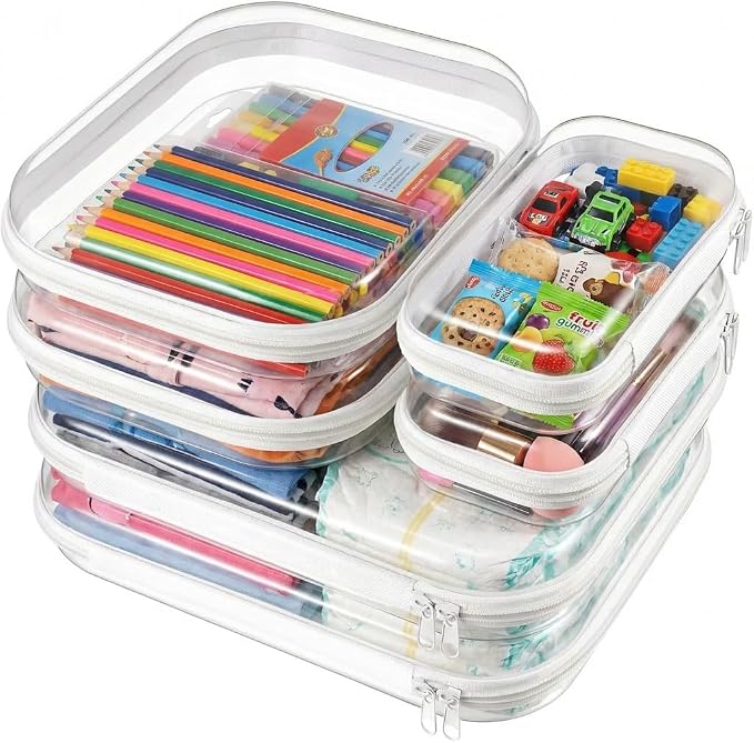 6PCS Clear Hard Shell Zipper Case 13.8 * 11.8 * 2 IN (White) | Transparent shell for easy item access. Works as cosmetic bag, toy pouch, diaper organizer and pencil case. by Calantre