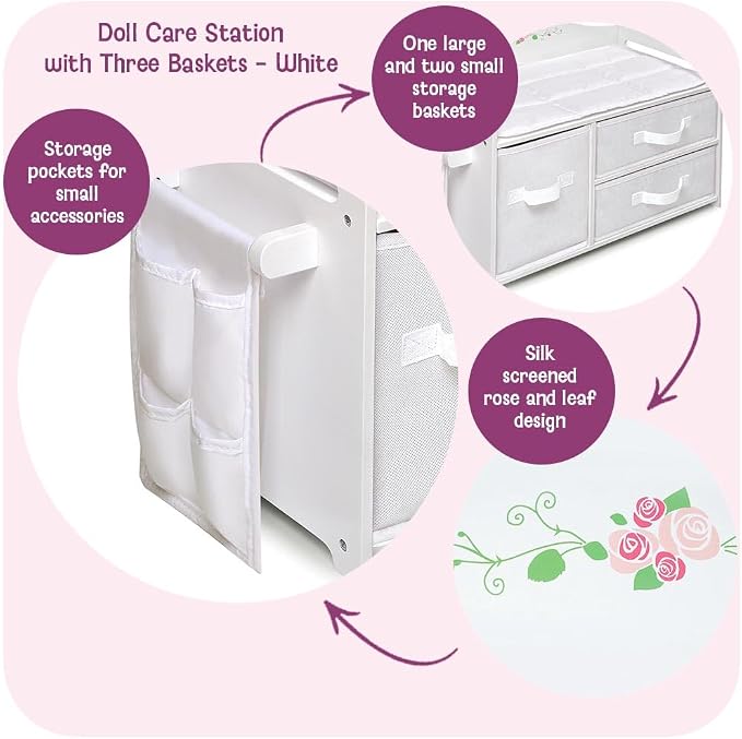Badger Basket Doll Care Station with Storage Baskets - White/Rose | Fits 18–20" dolls; care station with 3 baskets, pocket organizer & storage for imaginative pretend play. - Image 2