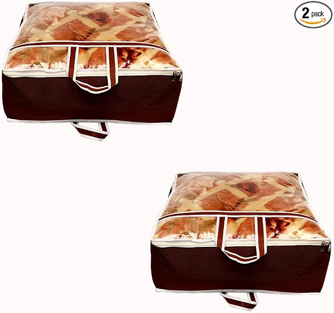 ANKIT INTERNATIONAL Garments Protect Clothes Organizer/Storage Bags for Blanket, Quilts & Rajai Storage Combo Pack of 02 with Dust Protection Front Clear window & Zip Closure (BROWN,51 x 51 x 22 cms) by AI+ANKIT+INTERNATIONAL