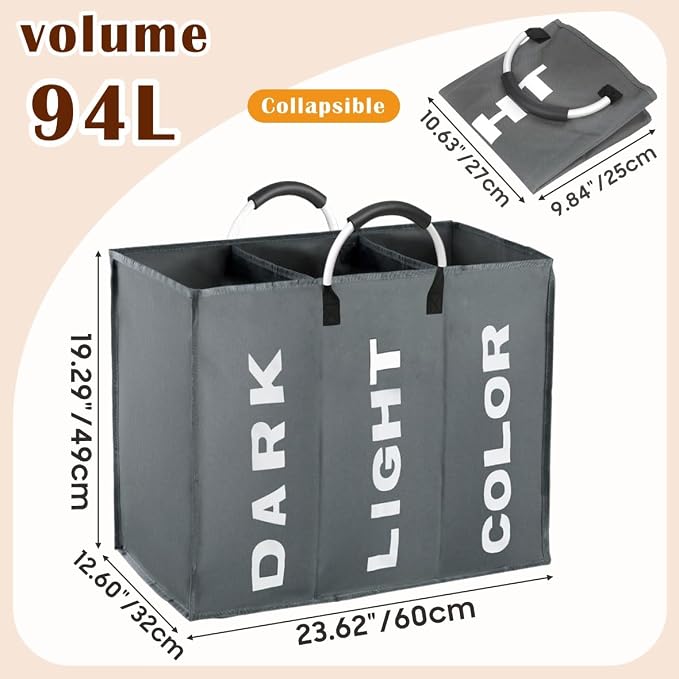 3 Section Laundry Basket Collapsible Laundry Hamper With Carry Handles Laundry Storage Washing Storage Bin (3 Section-Dark Grey) - Image 7