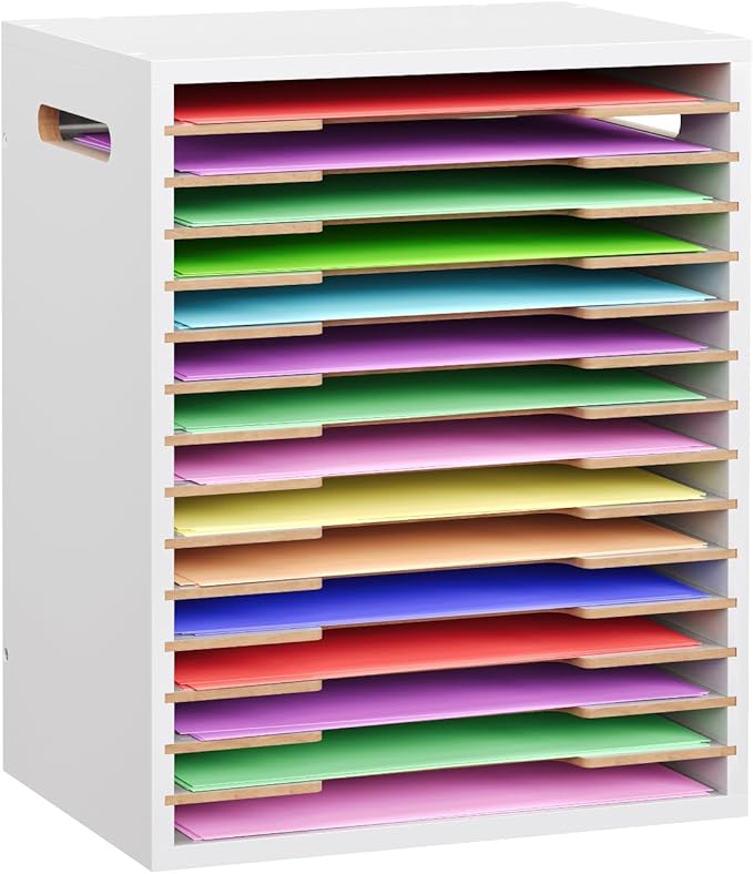 8.5x11 Scrapbook Paper Organizer Wood, 15 Tier Desk File Organizer with Handle, 9x12 Construction Paper Storage Holder Letter Tray Mail Sorter for Craft Room Home Office Classroom, White by ToBeAce
