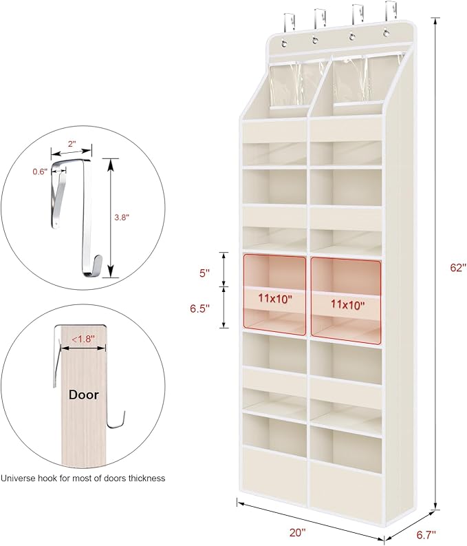 Univivi Upgraded Over the Door Organizer for Baby Nursery, Beige, 6-Shelf | Fabric Behind Door Storage with Clear Window Deep Pockets, Over Door Hanging Organizer for Baby Essential, Bedroom, and Dorm - Image 3