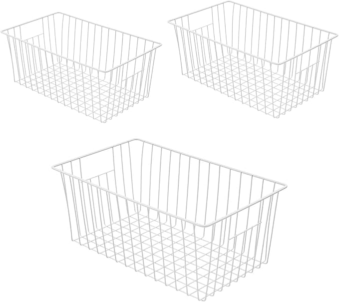 Large Wire Storage Baskets Freezer Baskets Organizer, Refrigerator Metal Wire Storage Divider, Wire Storage Basket with Handles for Kitchen, Pantry, Cabinet, Closets - Set of 3 (3, 16in x 10in x 7in) by lonpute