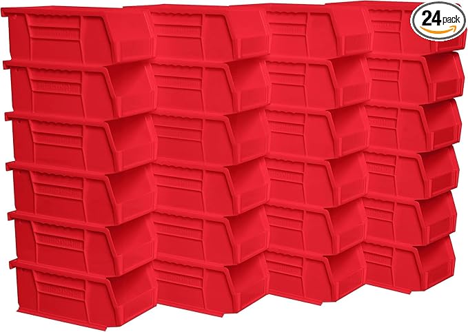 Akro-Mils 30220 AkroBins Plastic Storage Bins, 7"x4"x3", Red, 24-Pack | Space-Saving Stackable Bins for Garage, Pantry, Craft Organization by Akro-Mils