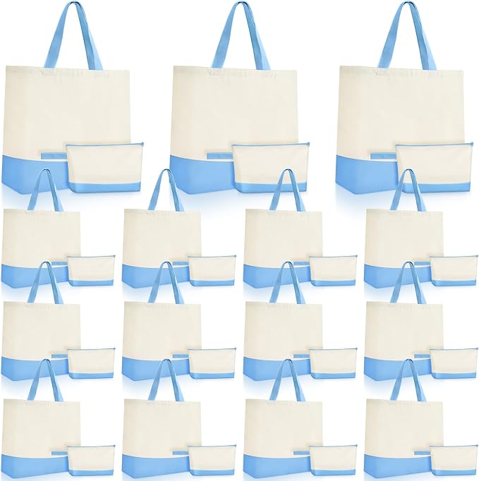 Sanwuta 30 Pcs Canvas Tote Bags Bulk with Zipper Cosmetic Pouch,Light Blue | 18.5" Reusable Cotton Shopping Bag with Handle for DIY Craft by Sanwuta