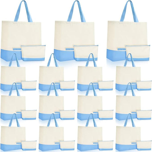 Sanwuta 30 Pcs Canvas Tote Bags Bulk with Zipper Cosmetic Pouch,Light Blue | 18.5" Reusable Cotton Shopping Bag with Handle for DIY Craft by Sanwuta
