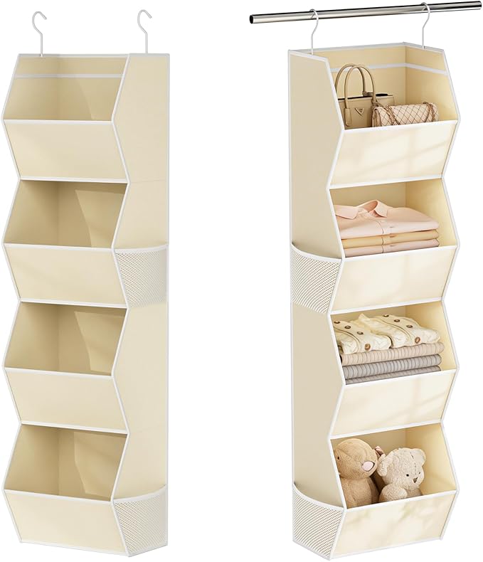 Hanging Closet Organizer 4 Shelf Collapsible Fabric Closet Organizers and Storage Hanging with Mesh Pocket for Clothes, Hanging Wardrobe Organizers and Storage for Sweater T-Shirt Shoes Toys, Beige by Wawocs