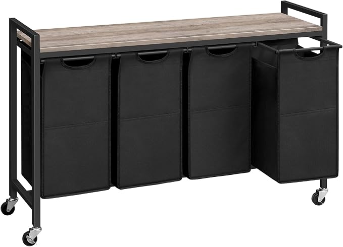 HOOBRO Laundry Sorter 4 Sections, Laundry Hamper with Wheels, 4 × 10.5 Gal (39.8L), Rolling Laundry Basket, Pull-Out and Removable Oxford Fabric Bags, Greige and Black BG04XY01 by HOOBRO
