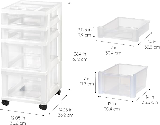 IRIS USA 4-Drawer Rolling Storage Cart, White/Clear | Keep classroom supplies, teacher essentials, craft materials, and learning tools organized with easy-access drawers. - Image 2