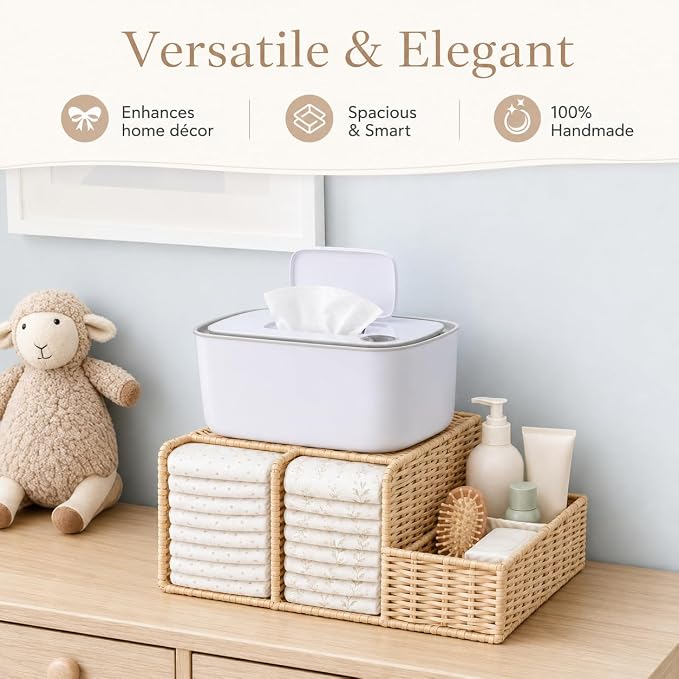Rattan Diaper Caddy Organizer for Changing Table | Hand Woven Nursery Storage Basket for Baby Essentials, Baby Changing Table Organizer Perfect Nursery Assistant - Image 2