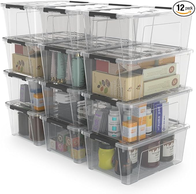 WYT 12 Pack Small 5-Quart Clear Plastic Storage Bins with Lids and Latch Buckles, Storage Organizer Container with Handle by WYT