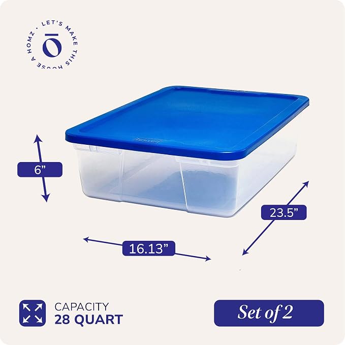 HOMZ 2-Pack Snaplock, Small Clear Plastic Storage Organizer Bins with Lids, 28 Quart, Blue - Stackable Container Boxes for Bedroom, Bathroom, Garage, and Office Organization - Image 4