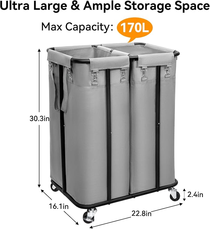 WOWLIVE Double Laundry Hamper with Wheels, 170L Rolling Laundry Basket | 2 Section Laundry Hamper, Laundry Cart with Steel Frame, Removable Bags, Large Dirty Clothes Hamper Dorm Room Storage, Grey - Image 4
