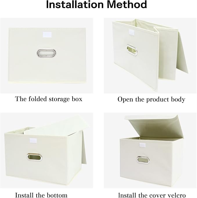 Linen Fabric Foldable Collapsible Storage Cube Bin Organizer Basket Fabric Storage Bins with Lid, Leather Handles, Removable Divider for Home, Closet, Creamy-White - Image 5