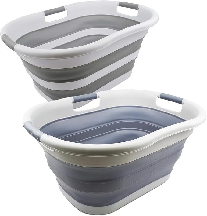 SAMMART 40L (10.5 gallon) Collapsible Plastic Laundry Basket - Foldable Pop Up Storage Container/Organizer - Portable Washing Tub - Space Saving Hamper/Basket (Grey+Dark Grey(Set of 2)) by SAMMART
