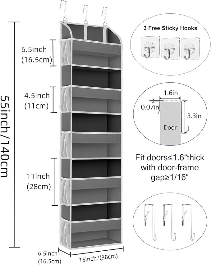 TAHAVICE 2 Pack Over the Door Storage Organizer, 5 Large & 10 Mesh Pockets | Hanging Storage Organizer with 40lb Capacity and Door Storage Space Saving for Bedroom,Bathroom,Nursery,Babyroom(Dark Gray) - Image 2