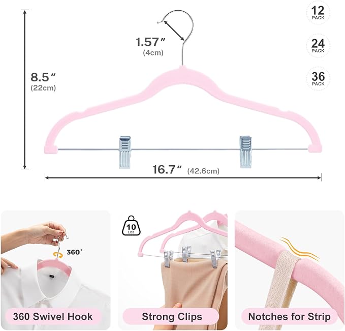 HOUSE DAY Velvet Skirt Hangers 24 Pack, Velvet Hangers with Clips- Pink | Space Saving Slim Velvet Pant Hangers, Heavy Duty Shorts Hangers, Non Slip Adjustable Clip Hangers for Pants, Skirts, Shorts - Image 9