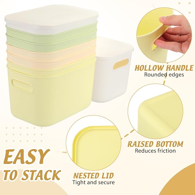 8 Pcs Storage Bins with Lids, Light Color, 9.8 x 7 x 6.3 Inch | Plastic Stackable Containers with Handle, Cube Box for Shelves Cabinets Desktop, Organizer for Office Bedroom Closet - Image 4