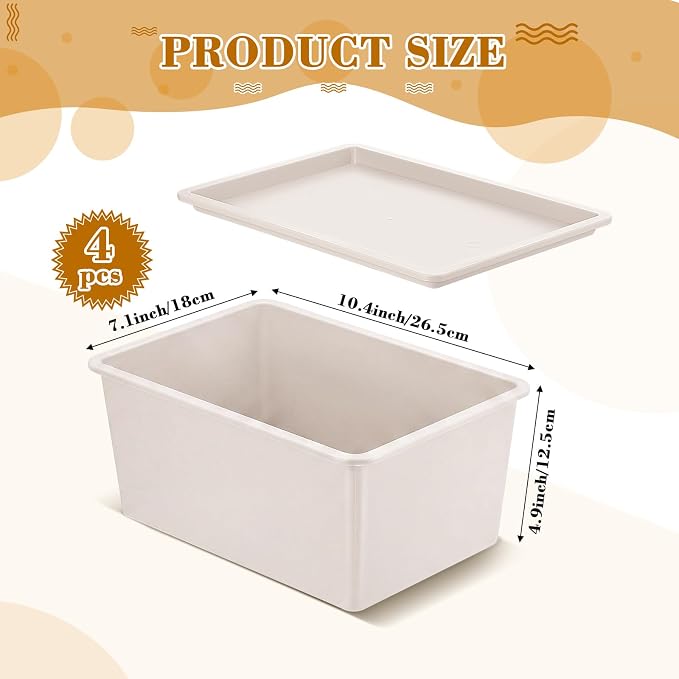 4 Pcs Storage Bins with Lids, Beige, Small | Plastic Stackable Organizing Containers, Heavy Duty Storage Boxes for Classroom Room Shelves, Christmas Ornaments Baskets - Image 2