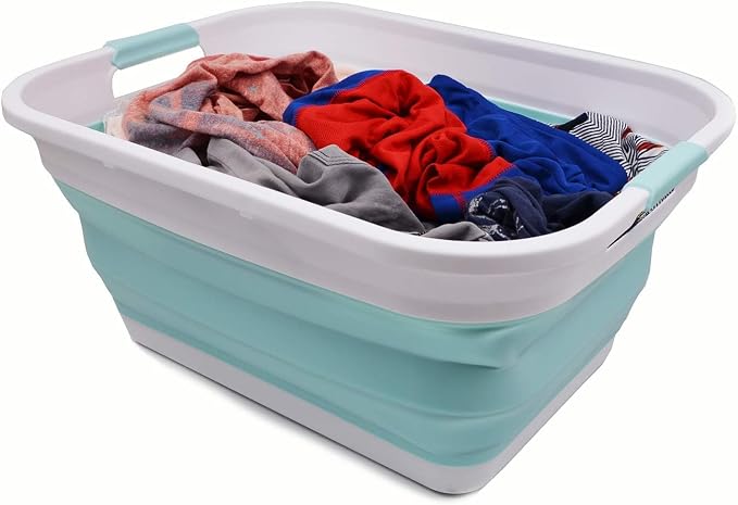 SAMMART 41L (10.8 gallon) Collapsible Plastic Laundry Basket-Foldable Pop Up Storage Container/Organizer-Portable Washing Tub, Water capacity: 32L (8.4 gallon) (Rectangular, White/Lake Green) - Image 6