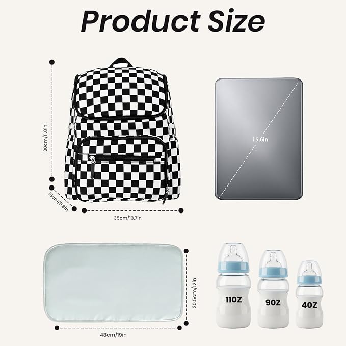 FHELAD Checkered Diaper Bag Backpack with Changing Pad & Stroller Clips | Baby Diaper Bag, Baby Shower Gifts, 4 Insulated Bottle Holders, Wet Wipe Pocket, Luggage Strap - Image 2