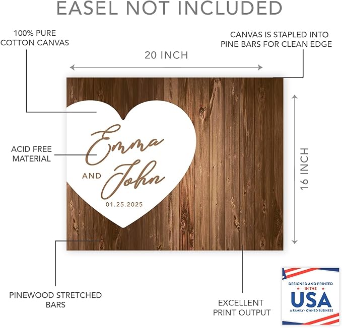 Andaz Press Custom Large Canvas Wedding Guest Book Alternative, 16 x 20 Inches, Rustic White Heart Horizontal Personalized Sign Our Canvas Guest Book Signs for Wedding Rustic Boho Woodland Theme - Image 2