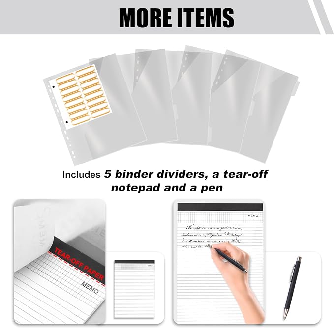 Portfolio Binder 3 Ring Includes Pen and 5 Dividers with 10 Pockets, Padfolio Organizer with Zipper for Men and Women, Includes A4 Notepad for Business, School, Work - Image 5