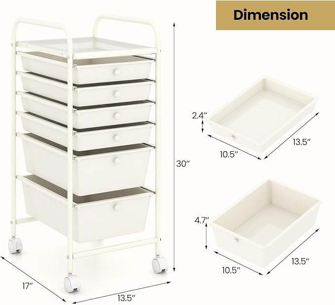 Giantex 6 Storage Drawer Cart Rolling Organizer Cart for Tools Scrapbook Paper Home Office School Multipurpose Mobile Utility Cart (Ivory) - Image 3