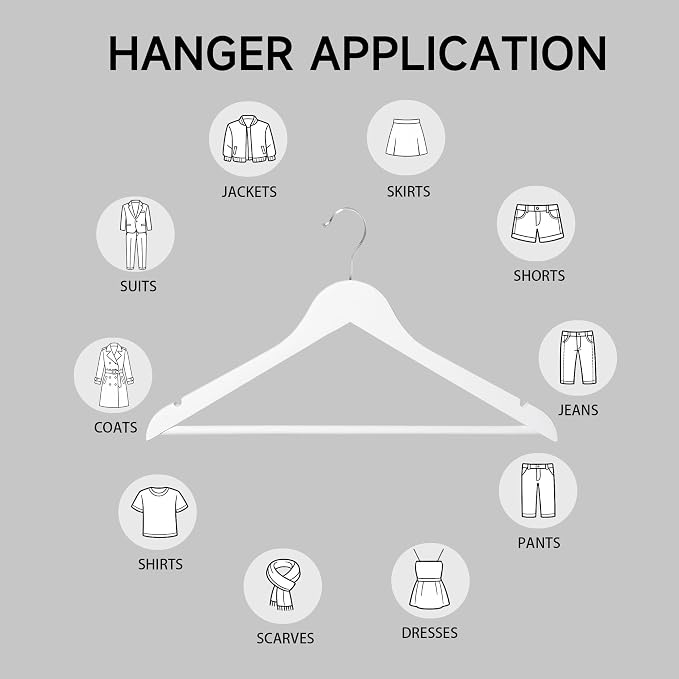Wooden Clothes Hangers with Pants Bars, White, 12-Pack | Heavy Duty Solid Wood Suit & Coat Hangers with Swivel Hook & Shoulder Notches, for Shirts, Jackets, Dresses & Trousers - Image 5