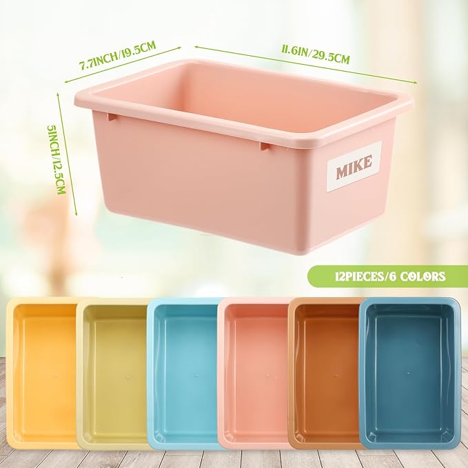 Thyle 12 Pieces Plastic Cubby Bins with Labels Classroom Book Bins Stackable Storage Container Durable Toy Storage Organizer Baskets for School Classroom Office (Simple,Morandi Color) - Image 2
