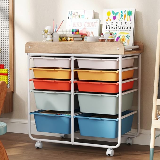 Rolling Storage Cart with 10 Drawers, Plastic Large Capacity Craft Organizer on Wheels with Wooden Top, Mobile Art Supply Utility Cart for Classroom, Home, Office - Image 2